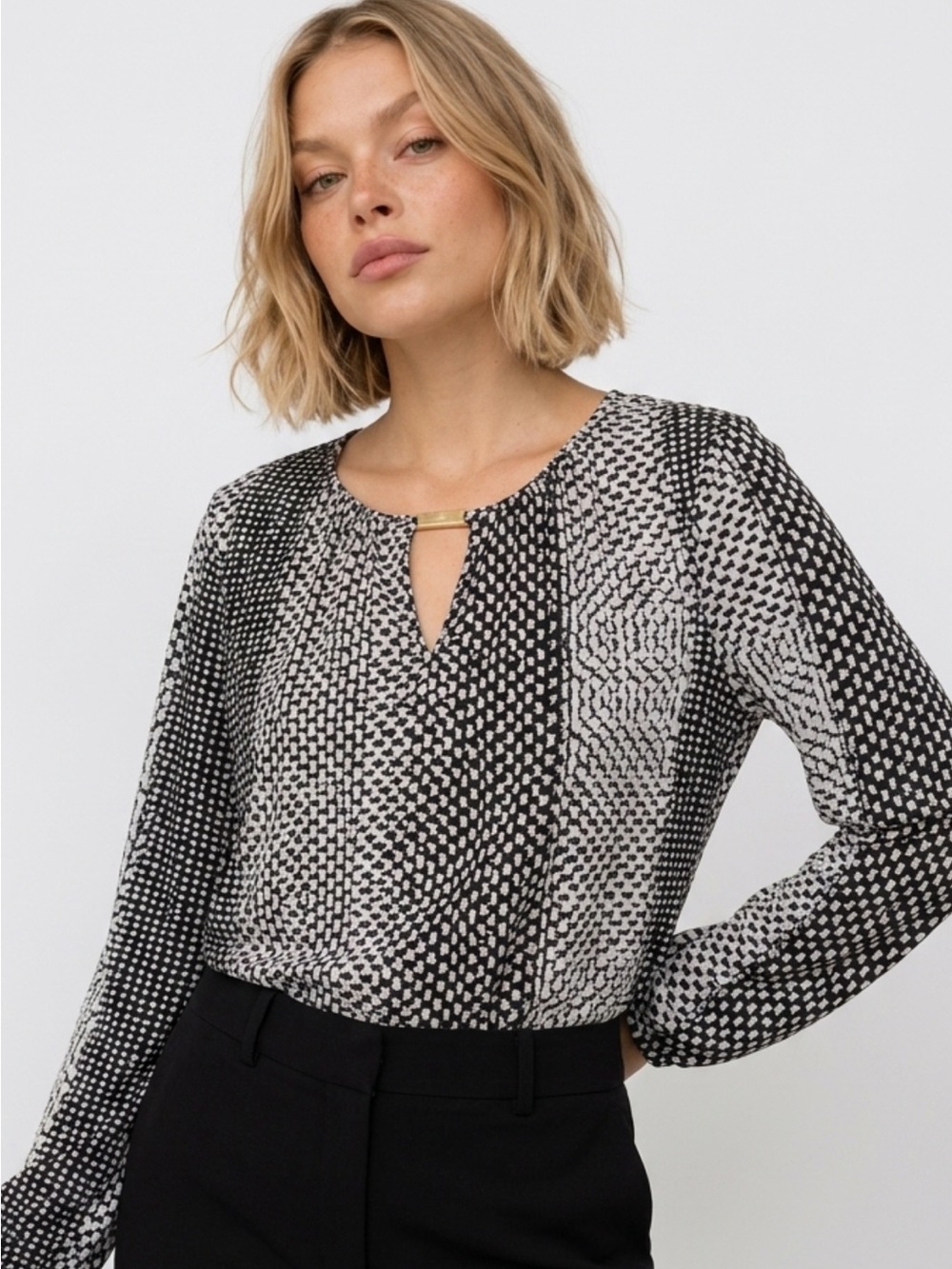 Michael Kors Black and White Printed Keyhole Blouse with Gold Accent